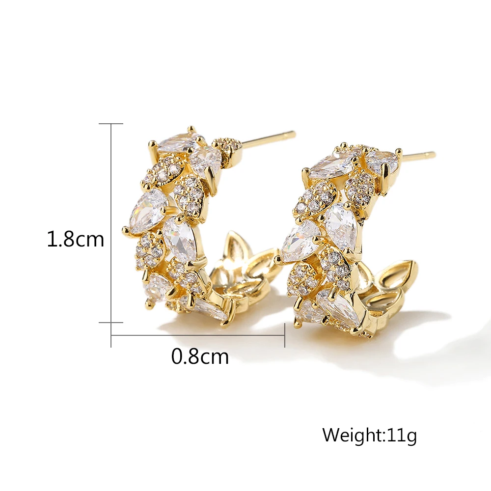 Uilz Luxury C Shape Cubic Zircon Hoop Earrings Elegant Leaf CZ Small Stud Earrings Fashion Jewelry for Women Accessories