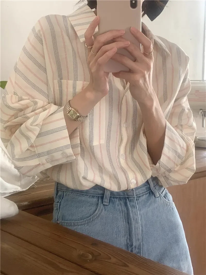 2025 New Spring Vintage Striped Women's Blouses Single Breasted Long Sleeve One Pocket Casual Loose Korean Shirts Female