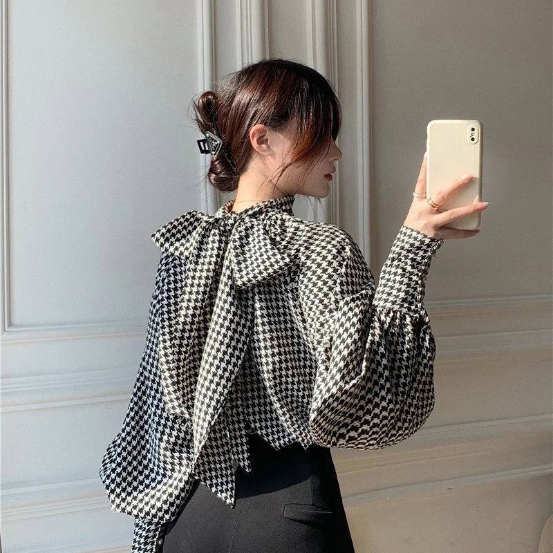 MEXZT Houndstooth Bow Chiffon Shirt Women Vintage Elegant Print Bandage Lantern Sleeve Blouses Office Lady Korean Thin Loose Top