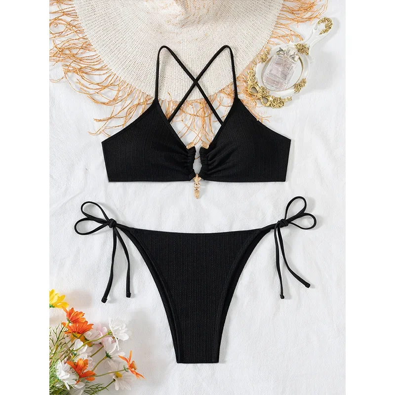 

Сексуальное черное бикини на шнуровке 2025, купальник из двух предметов, женский купальник, женские стринги, комплект бикини, спортивный купальный костюм, пляжная одежда, купальный костюм