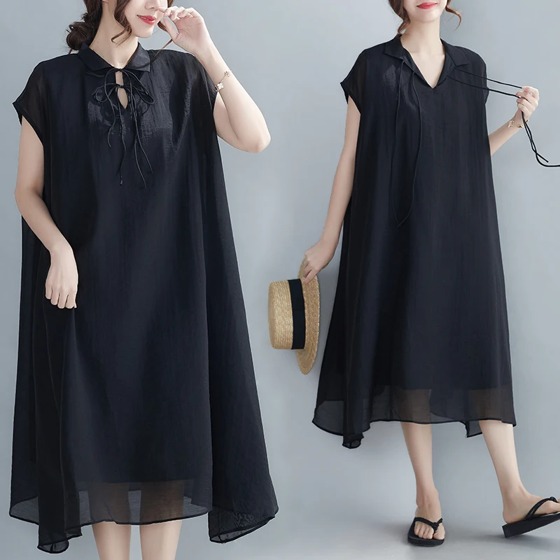 Letnia, duża rozmiarówka, szyfonowa sukienka damska z dekoltem w serek, wyszczuplająca, w jednolitym kolorze, rozkloszowana spódnica, do noszenia na co dzień i do pracy.