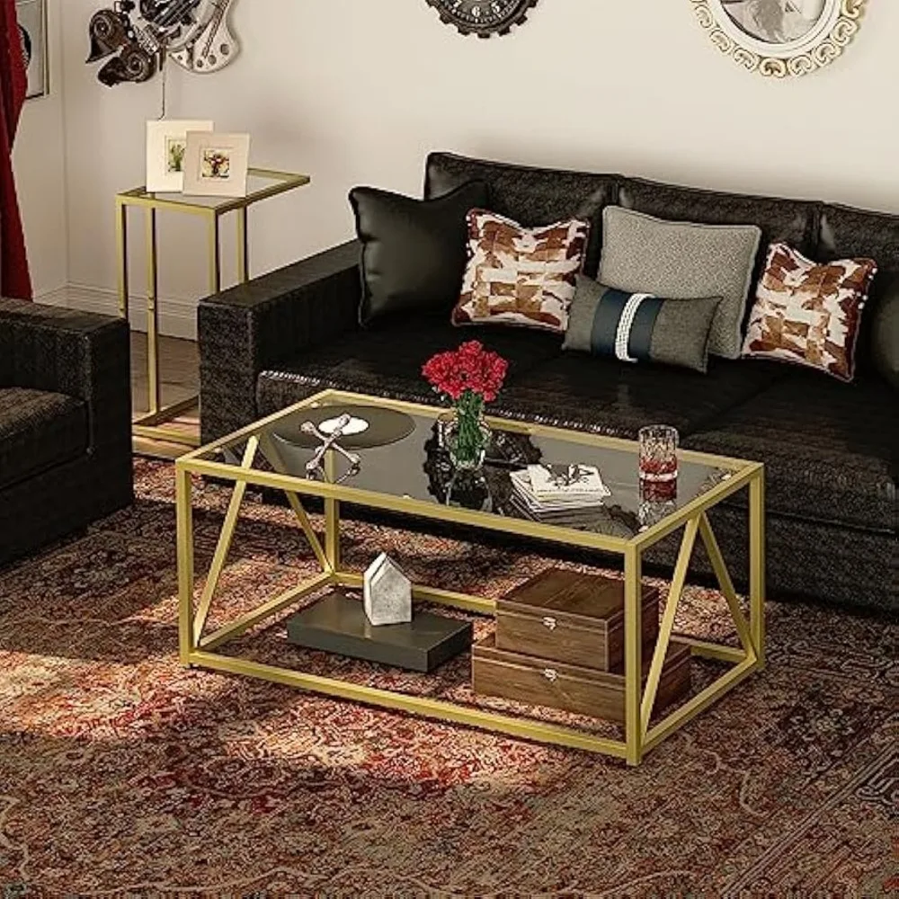 Glass Coffee Table, Gold  for Living Room,