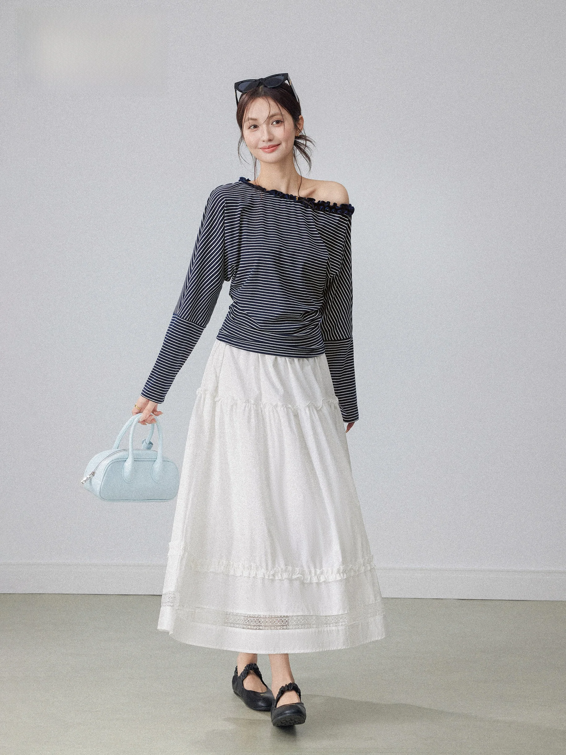 

High Waist A-Line Midi Skirt Women's Spring White Mushroom Lace Trim Hip Concealing Slimming Sweet Versatile Half-length Skirt