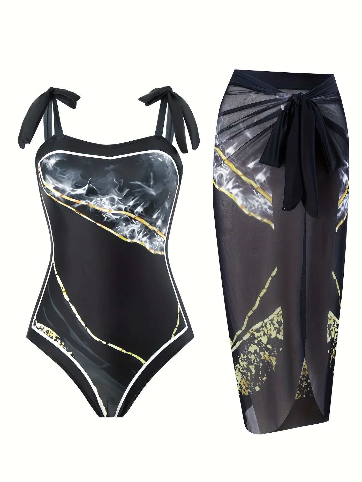 

Черный слитный купальник с мраморным узором и сетчатой юбкой, комплект из двух предметов