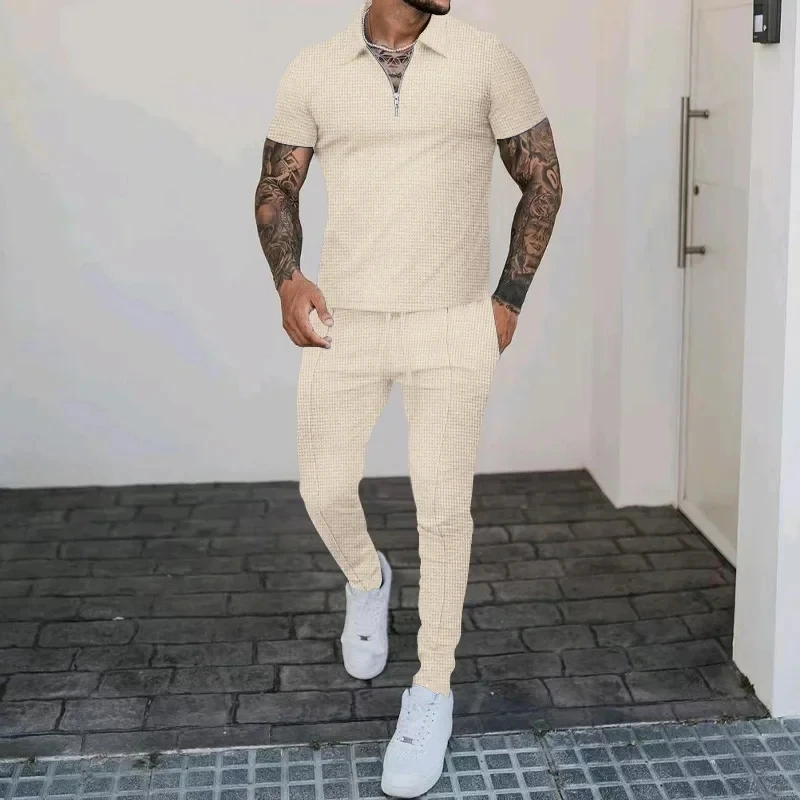Pop 2025 Spring Summer Men Suits Solid Color Waffle Lapel Slim Fit Casual Fashion Zip-Up Short Sleeve Shirts Suit Long Pants Two