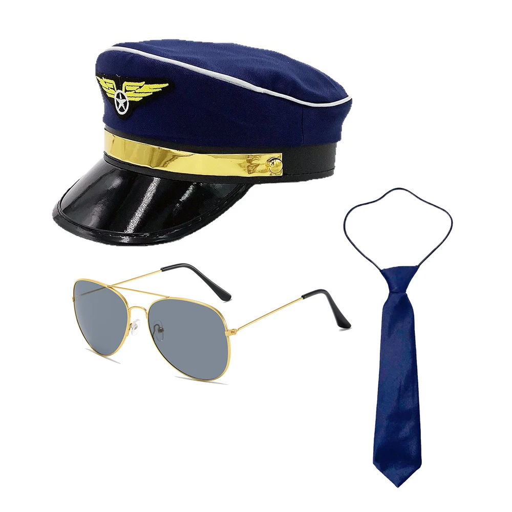Verstelbare pilotenhoed voor kinderen Festivalfeest Rollenspel Kapiteinhoed Bril Stropdas Badge Cosplay Accessoires Set Rekwisieten