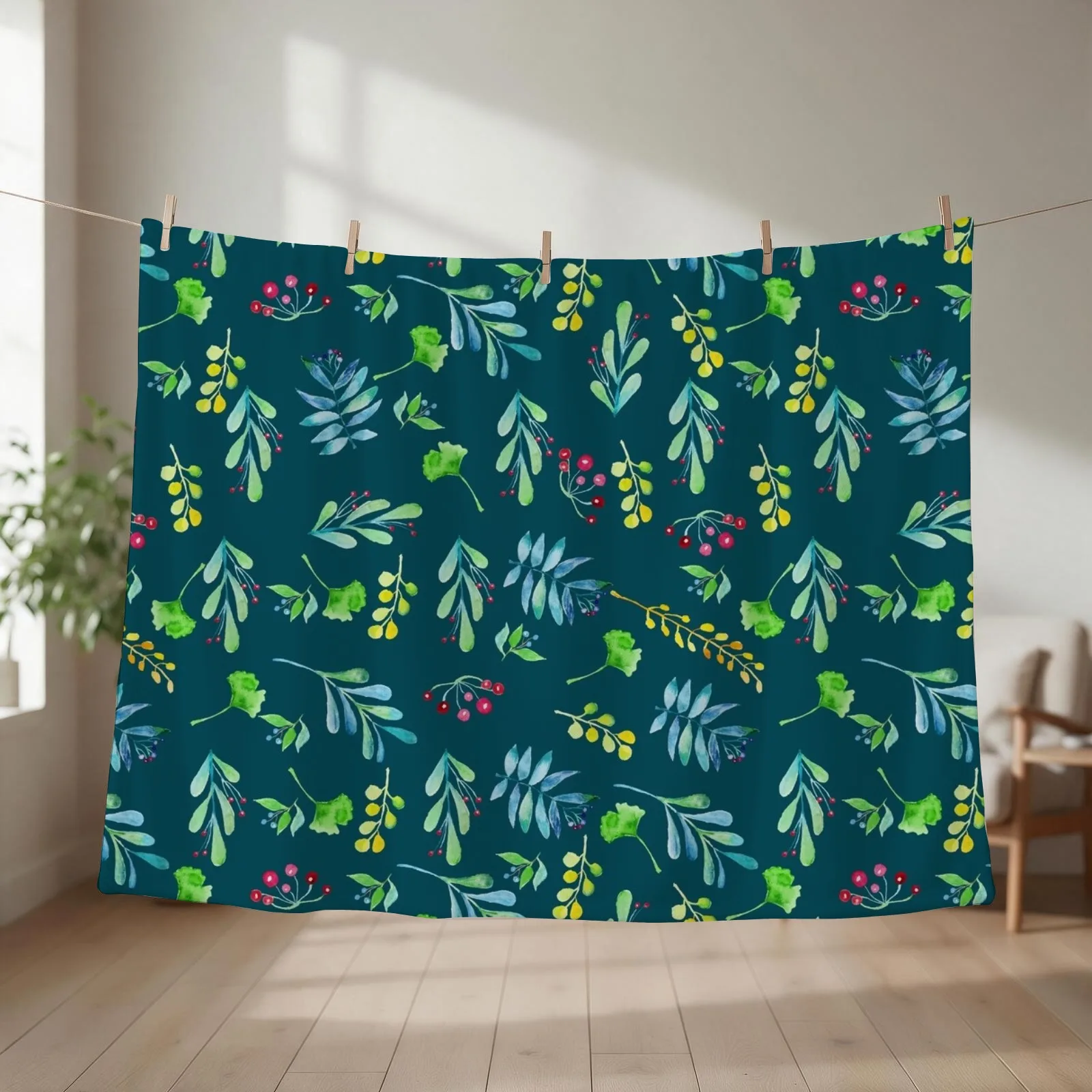 Green and Blue Watercolor Flowers & Leaves Pattern Throw Blanket couch cozy soft plush fuzzy picnic outdoor blanket