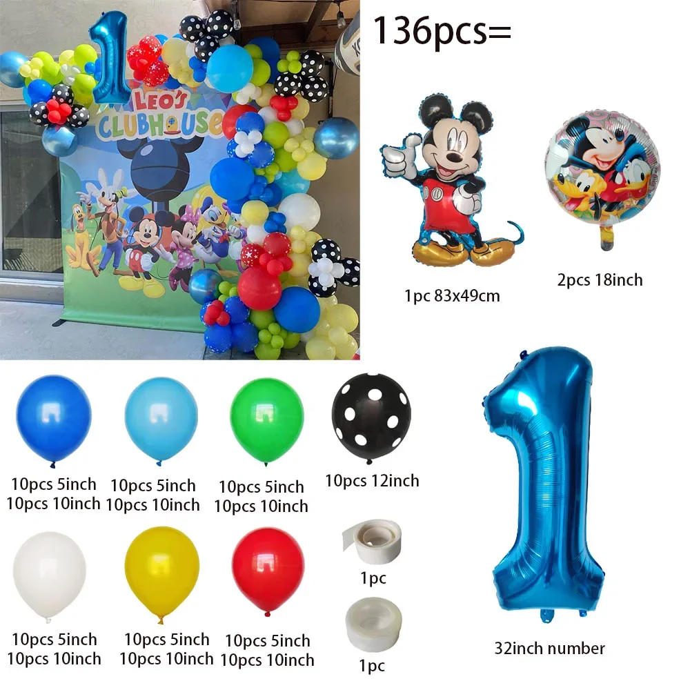 136pcs Mickey Mouse Birthday Balloons Decoration Disney Boys Favors Globlos Set Mickey Mouse Balloon Head Party Supplies Decor