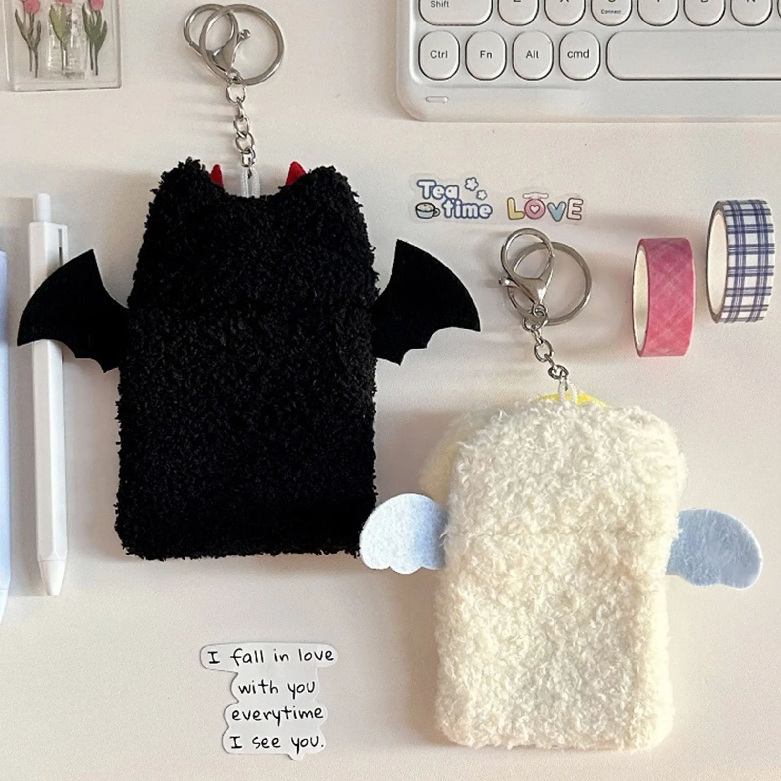 Angel Puppy Devil Kitten 3 Inch Kpop Photocard Holder Kawaii Plush Id Card Photo Display Holder Bag Korean School Stationery view 3