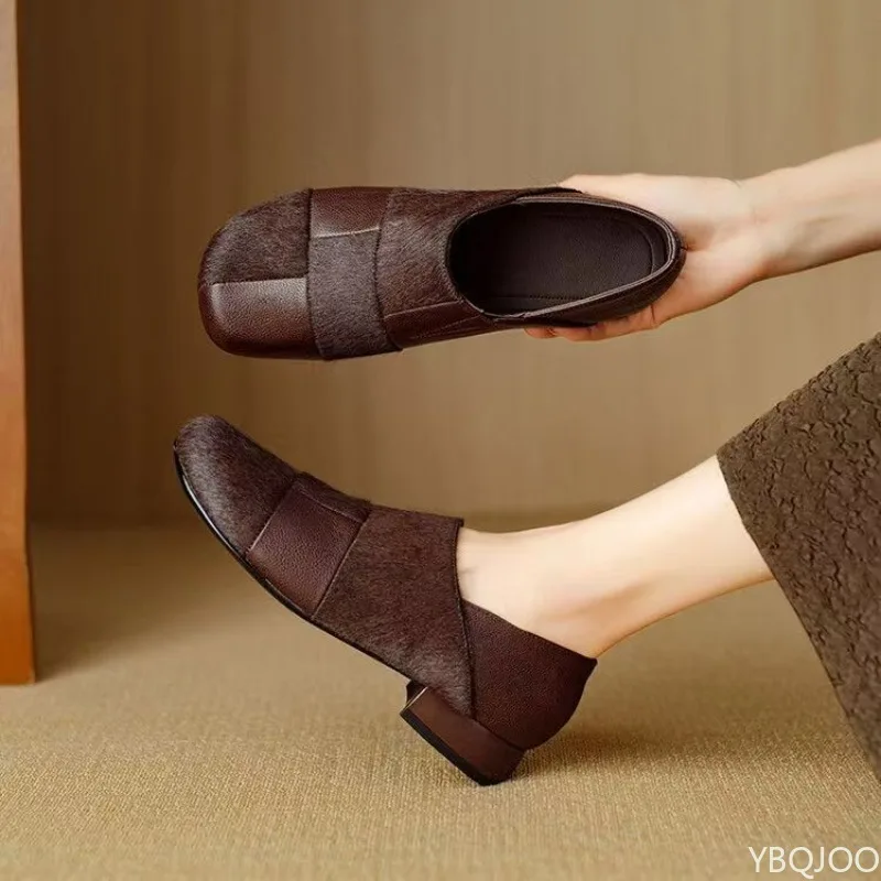 Moda confortável retalhos mocassins primavera verão outono novo um pé redondo dedo do pé boca rasa sapatos femininos versáteis