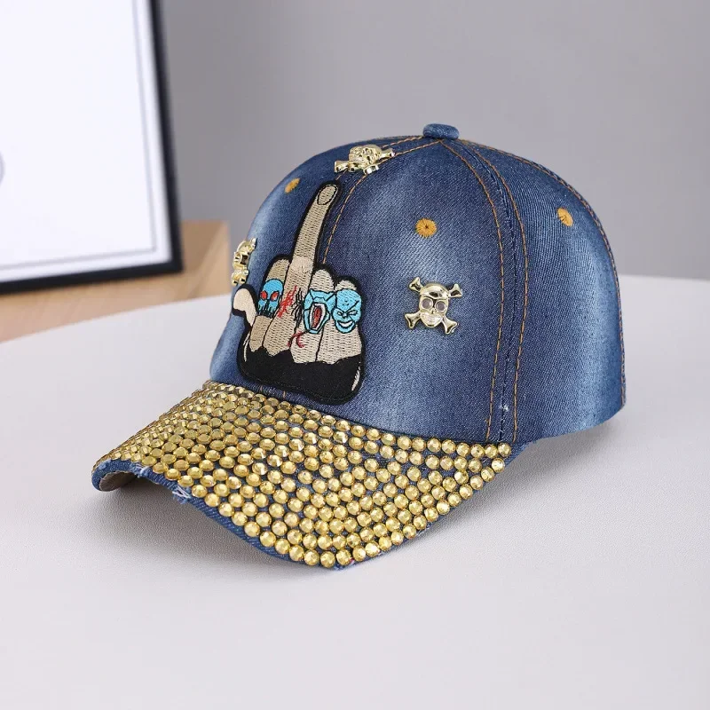 Unisex Punk Middle Finger Skull Denim Baseball Cap, Gold Rhinestone Studded Adjustable Dad Hat, Y2K Hip Hop Streetwear Sun Hat F