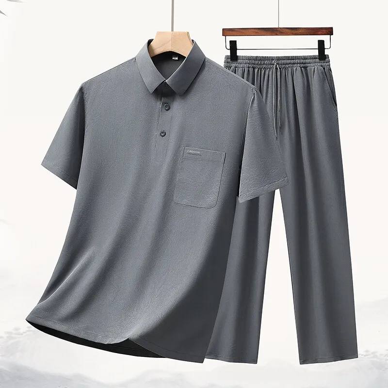 Solid Color Men's Sets Clothing 2026 Summer Short Sleeve Polos & Full-Length Pant 2-Piece Suit Business Casual Top Tees & Jogger