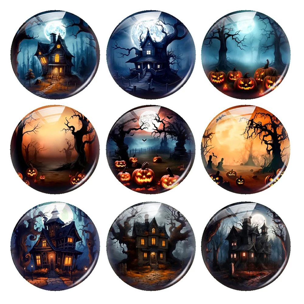 Handmade Halloween Hunting House Pumpkin Photo Glass Cabochon Charms Demo Flat Back Cameo For Diy Jewelry Making Accessories