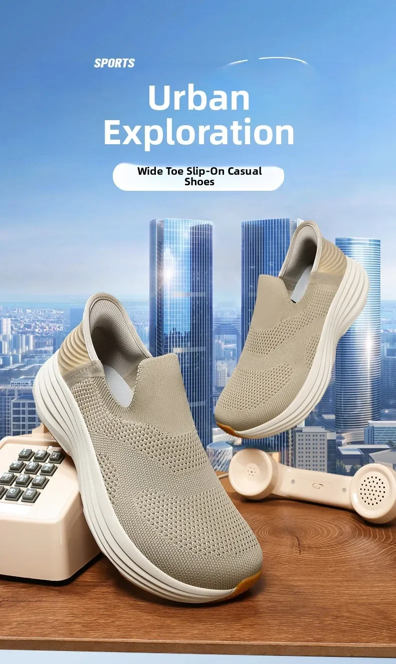 New Men Wide Toe Slip On Mesh Sneakers Breathable Thick Sole Shock Absorbing Walking Shoes Casual Commuting Shoes