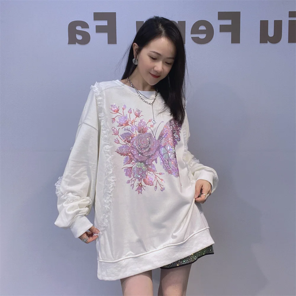 Amerykańska bluza oversize z okrągłym dekoltem, damska, jesienno-zimowa, luźna, z dżetami, kurtka z okrągłym dekoltem.