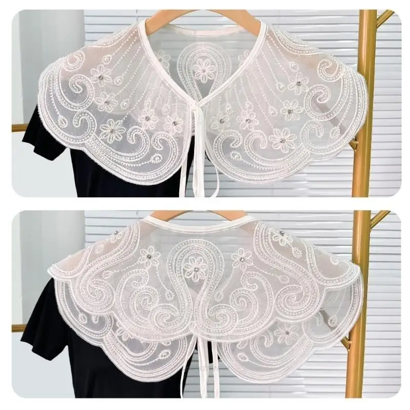 X5XA Sheer Detachable Collar Accented with Tinsel Embroidery Beaded Flower Shawl