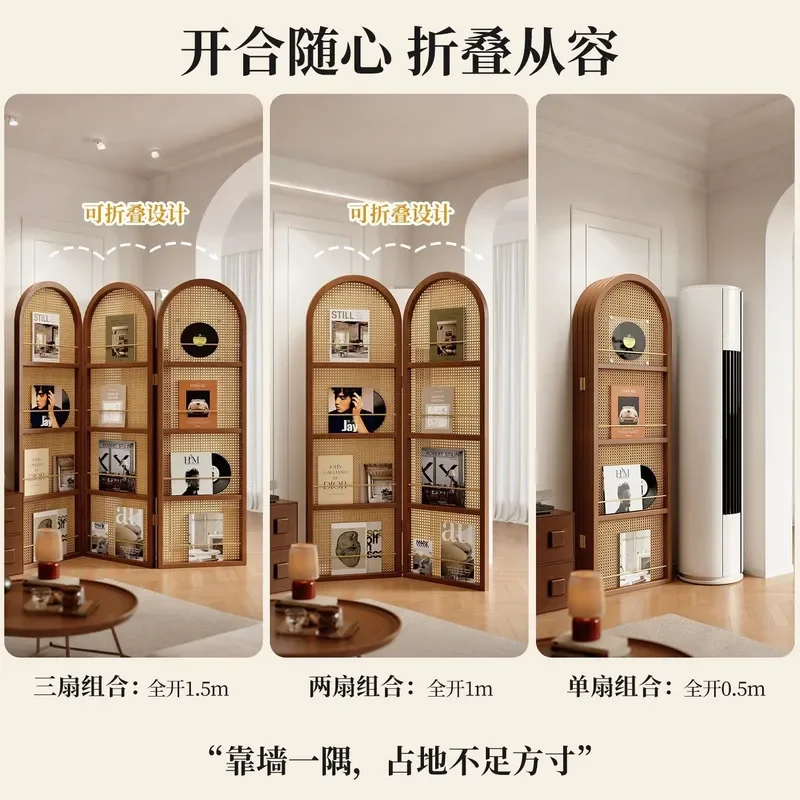 Medieval Rattan Folding Screen Living Room Partition Retro Solid Wood Shelf Entrance Divider Blocking View Home Decor