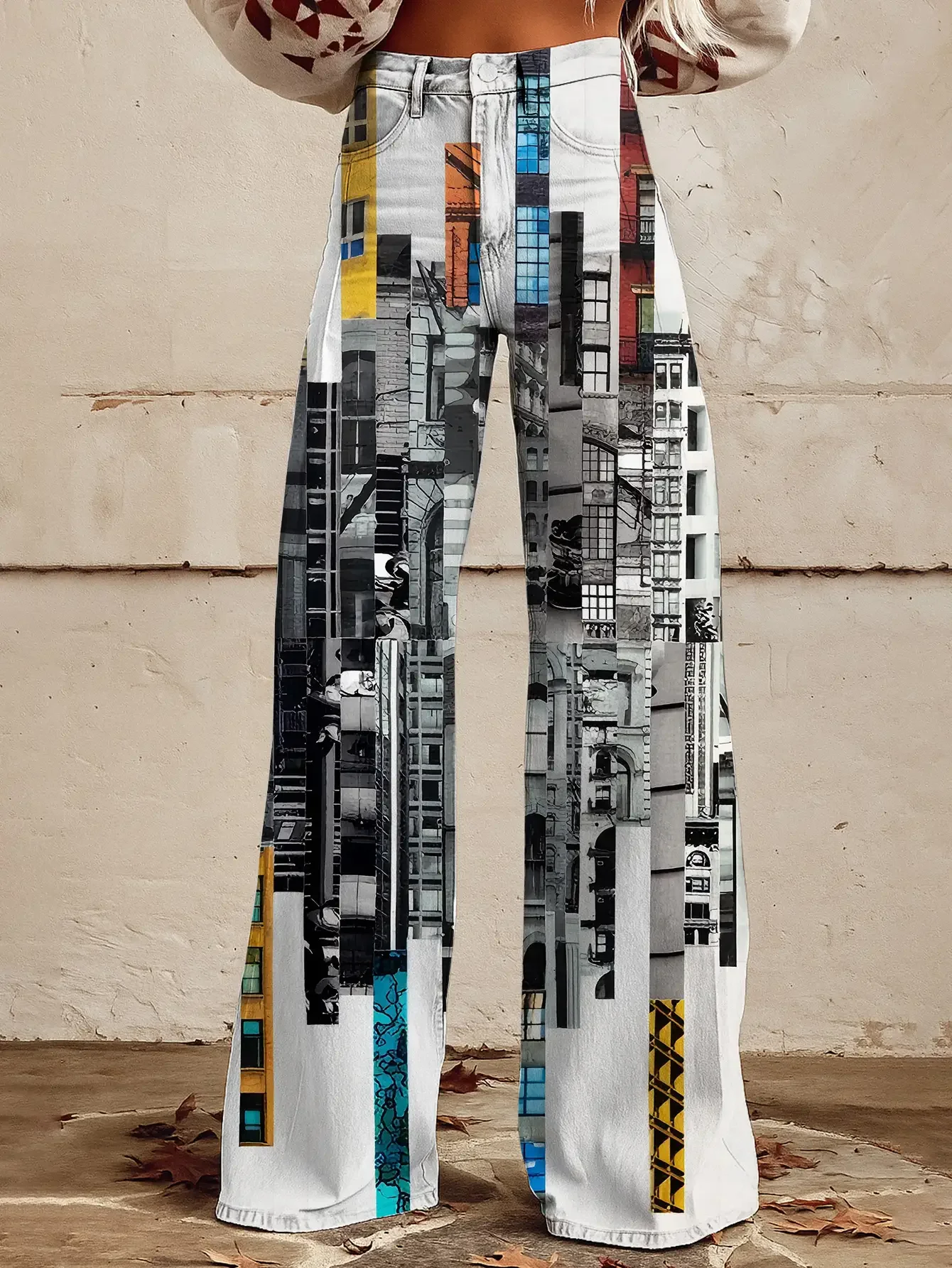 

2026Women's printed geometric pattern wide leg imitation jeans, Anti wrinkle high waisted pants with pockets,