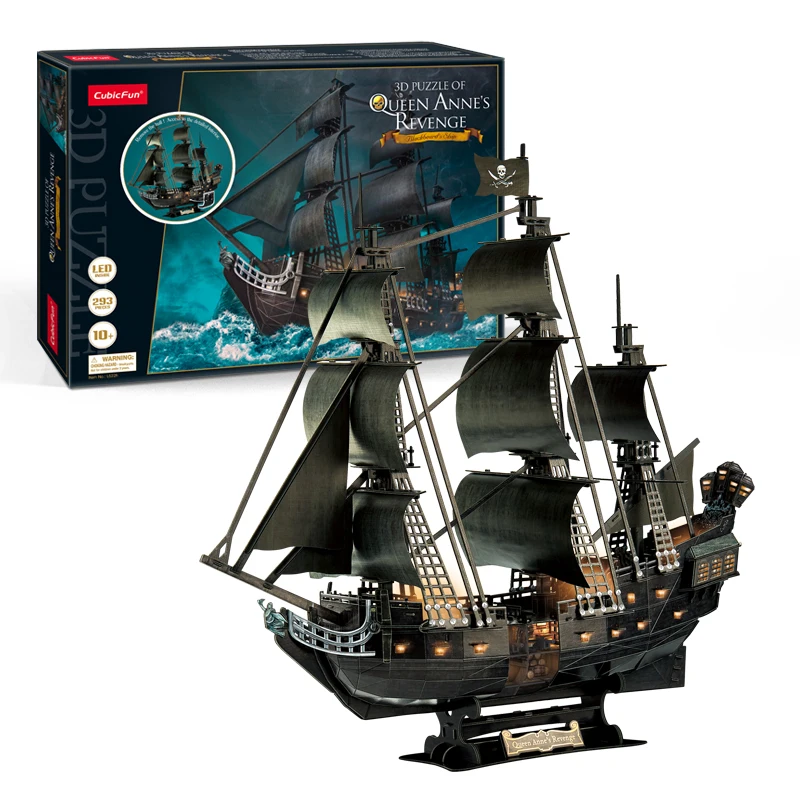 Cubicfun 3D Puzzle Model 1：95 LED light Large Luxury Hardcover Edition Simulation Queen's Revenge Ship Model