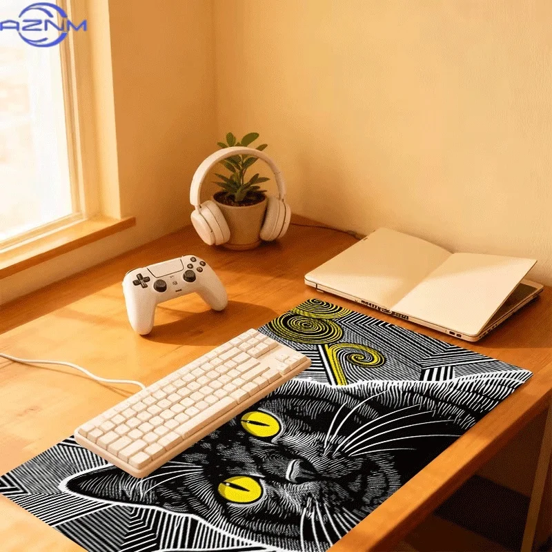 1pc Extra-Large, Non-Slip, Durable Desk Mat, Mouse Pad, Featuring Black Cat with Yellow Eyes, Rubber Base, for Office, Computer
