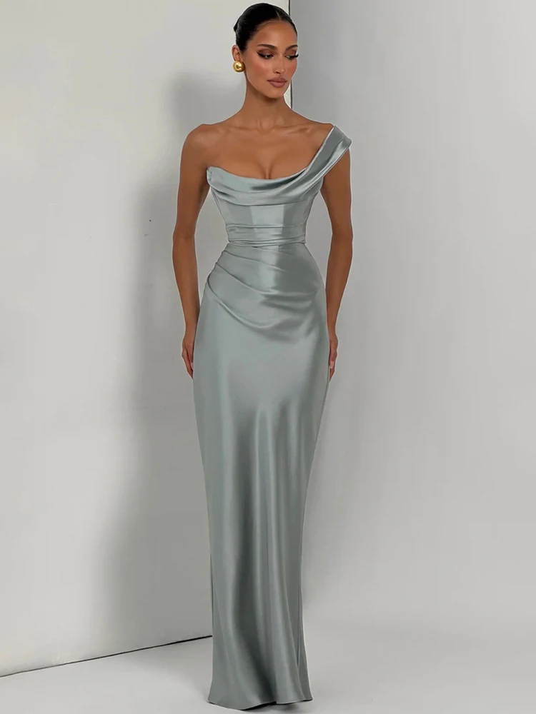 Mozision Elegant Satin One Shoulder Evening Dress Women Cowl Neck Sleeveless Bodycon Maxi Dress 2026 Spring Summer Party Gowns