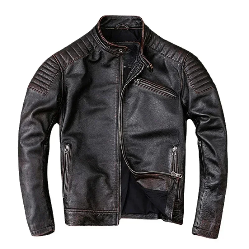 Vintage Leather Jacket Men 100% Genuine Cowhide Black Moto Biker Clothing Man Coat Boy Slim Autumn Asian Size M104