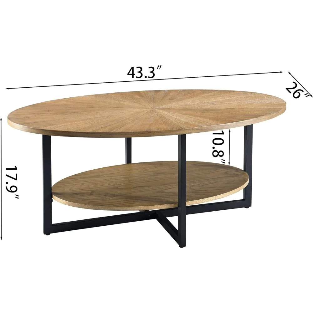 Solid Wood Oval Coffee Table with Cross Metal Legs, 43.3in Modern Industrail Center Table with Open Shelf Cocktail Tea Table for