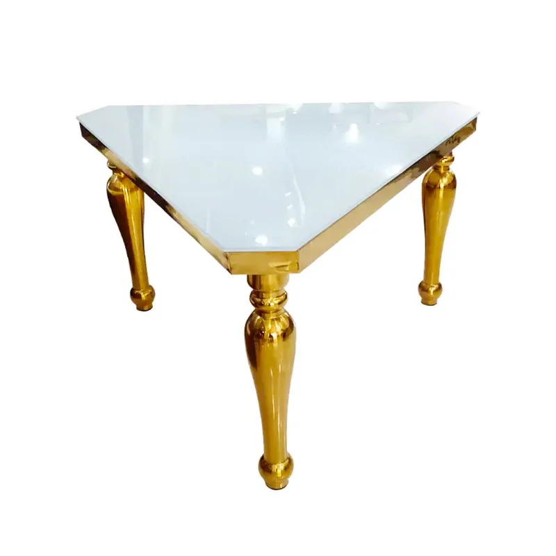 Modern unique gold bride and groom sweetheart banquet triangle glass table for weddings