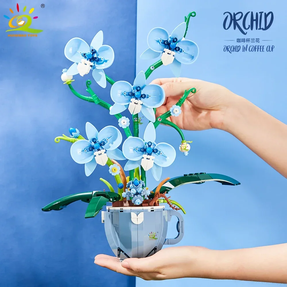 Creative Expert Blue Coffee Cup Orchid Building Blocks Romantic Potted Bouquet Model Bricks Puzzle Toys Girl Xmas Gift 567PCS