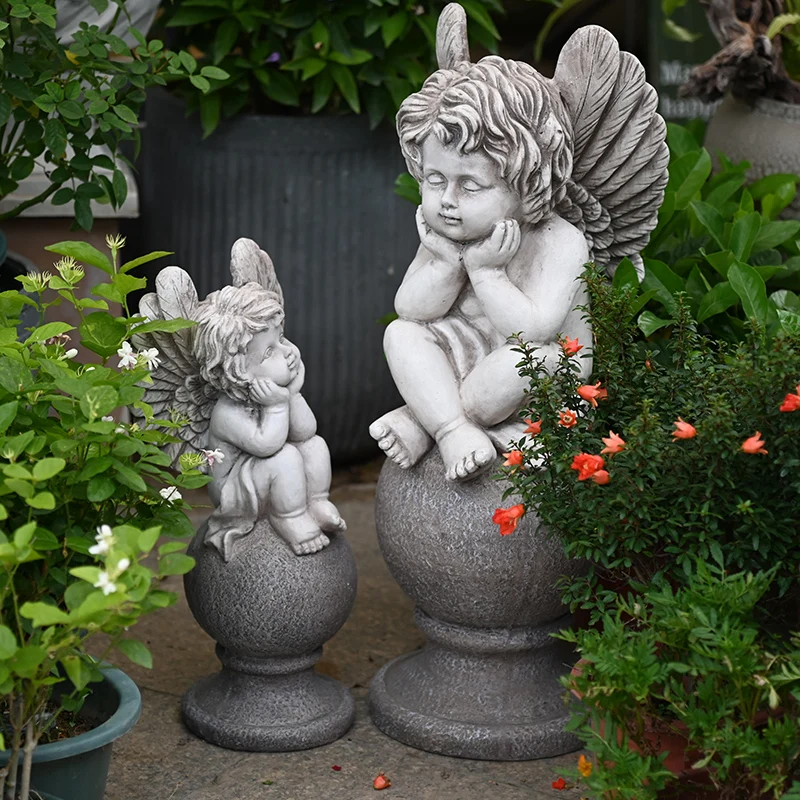 Vintage Outdoor Decoration for Patio Handcrafted Landscape Sculptures European Angel Garden Statue Whimsical Yard Art for Villa