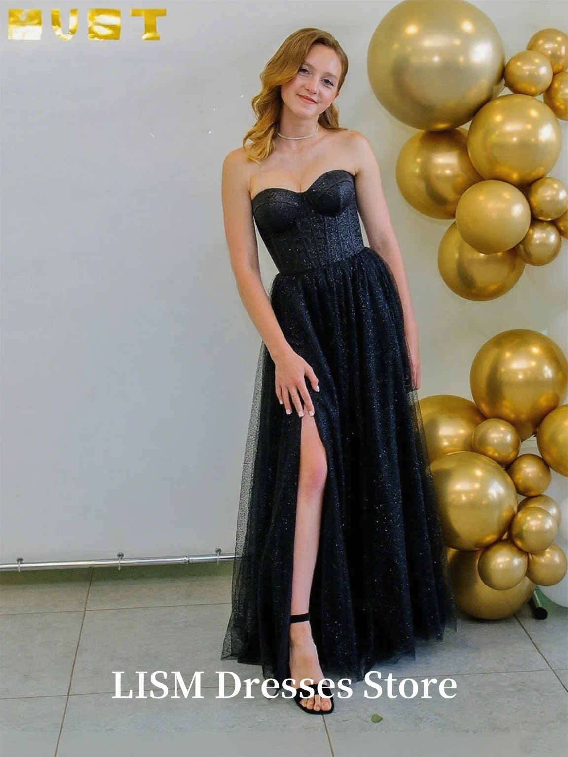 LISM Sparkly Sweetheart Black Evening Dresses A-Line Shiny Tulle Prom Dresses Customized Women Special Occasion Party Gowns
