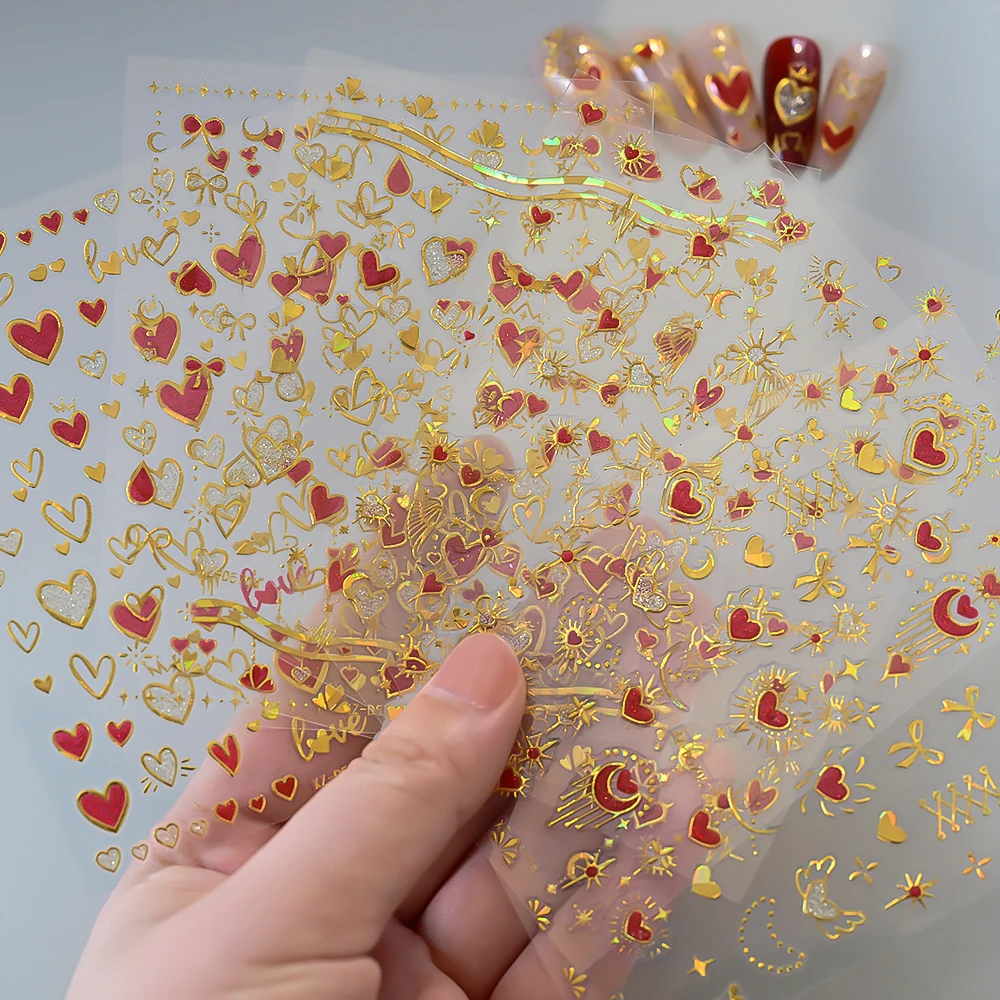 6 pezzi adesivi per unghie a forma di cuore Y2K cuori in lamina d'oro laser rosso con decalcomanie per unghie con glitter fini tema d'amore forniture per unghie romantiche *