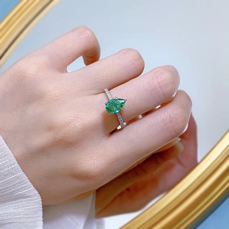 PANSYSEN Sparkling 925 Sterling Silver 6x9MM Pear Cut Amethyst Emerald Gemstone Cocktail Rings for Women Party Fine Jewelry Gift