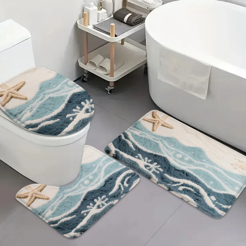 

Marine Life Bathroom Set 3PCS: Absorbent Flannel Mats for Toilet, Shower & Floor with Coral Design