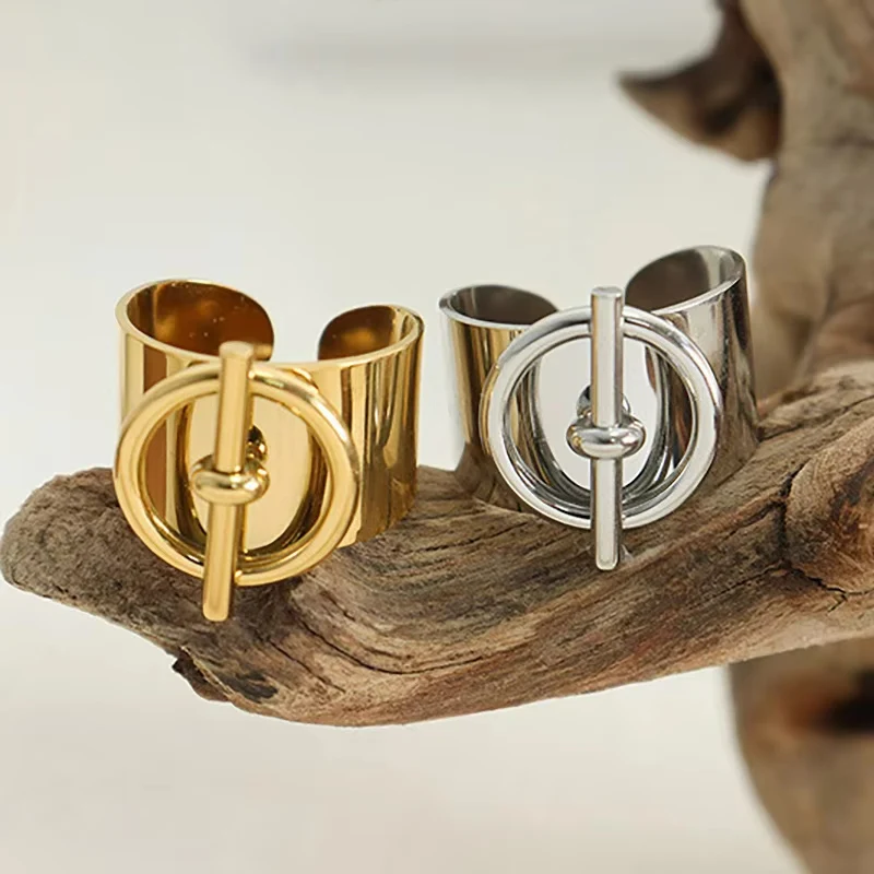 Anillo de hebilla OT para mujer, cadena geométrica, anillos de dedo anchos de acero inoxidable, apertura ajustable, joyería de Hip Hop, regalos de fiesta para niñas