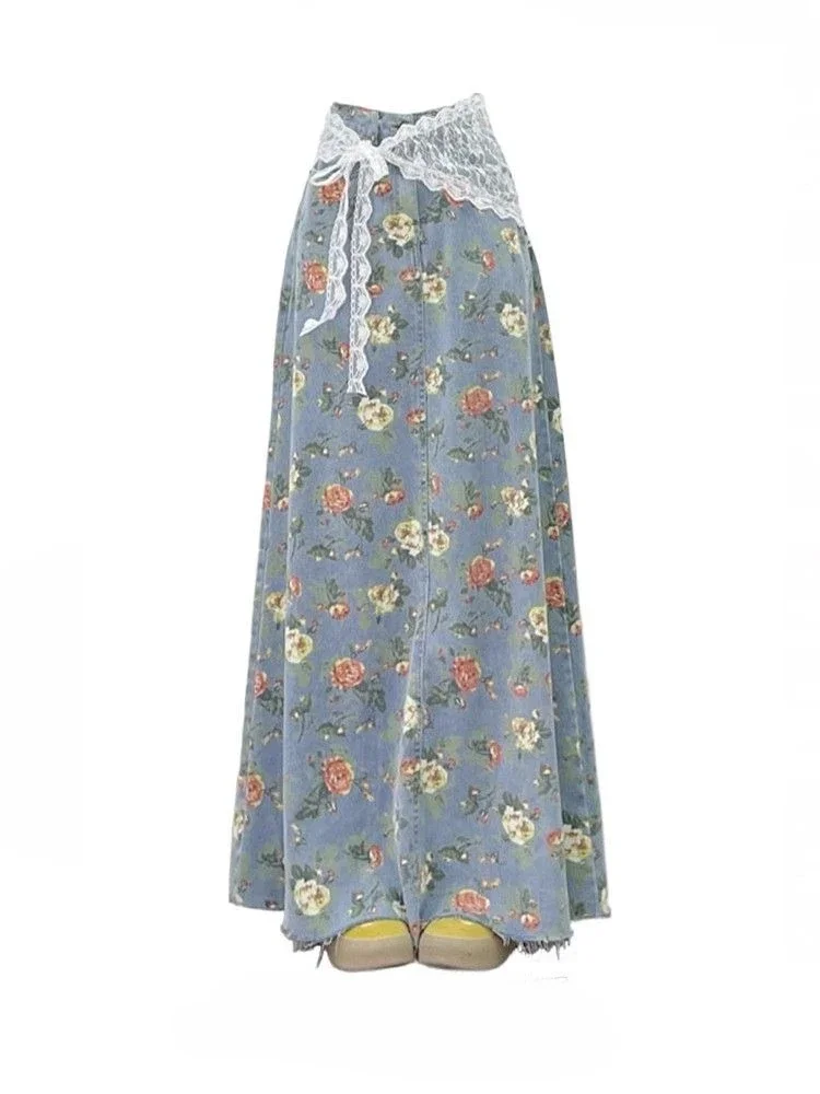 

Американская синяя джинсовая юбка с цветочным принтом Y2k для женщин, летние юбки трапециевидной формы с высокой талией, новинка 2025, свободные свободные юбки средней длины Faldas Mujer