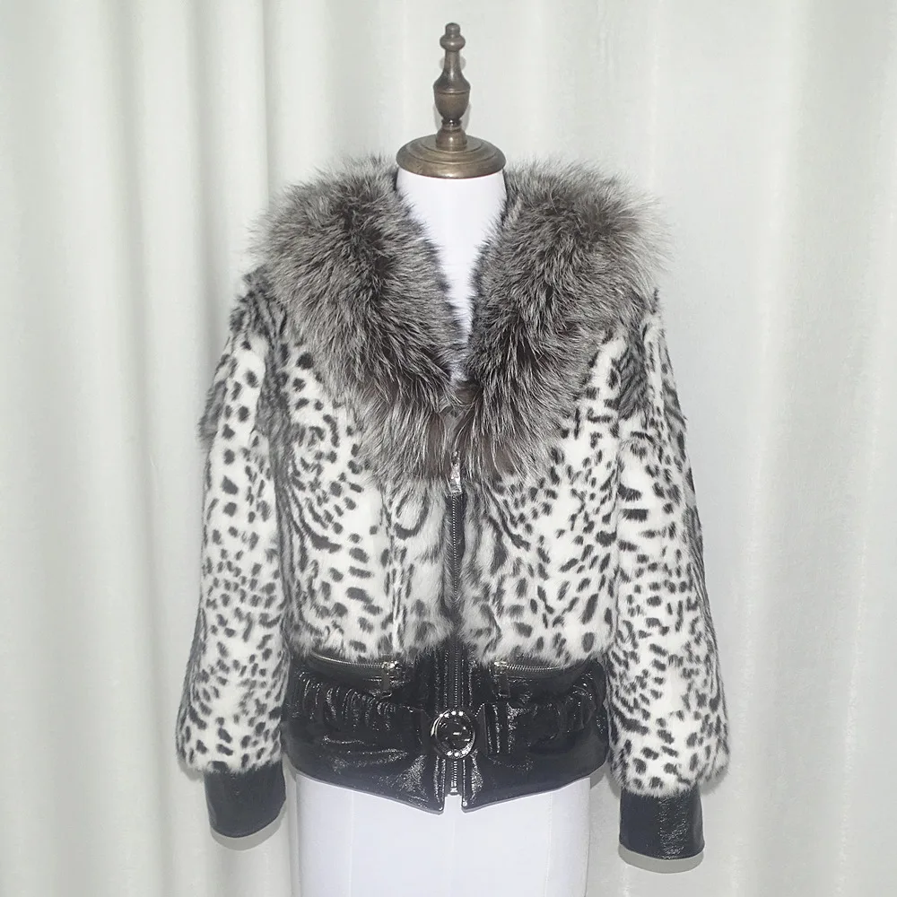 Leder jacke Natürliche pelz weiß Leopard Kreuz streifen Sexy frauen tragen Angora kaninchen fell weiblichen pelz mantel Zipper kurze echtpelz