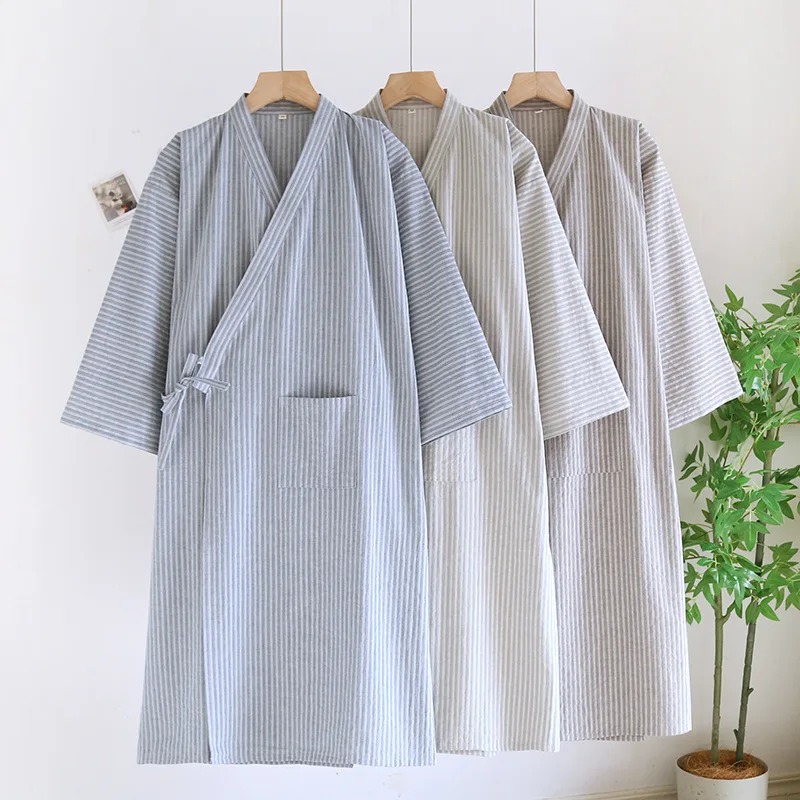 

Japanese Men's Kimono Nightgown 100% Cotton Washed Lace-up Hanfu Bathrobe Plus Size Yukata Shower Bath Robe
