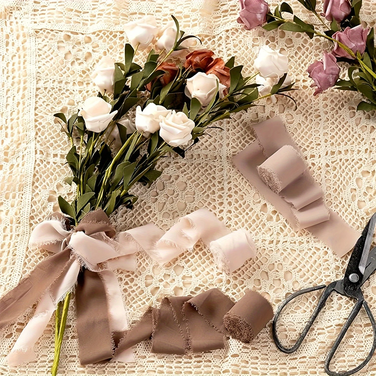 3 rolls of 4 * 500cm coffee skin color light pink chiffon ribbon gift decoration set