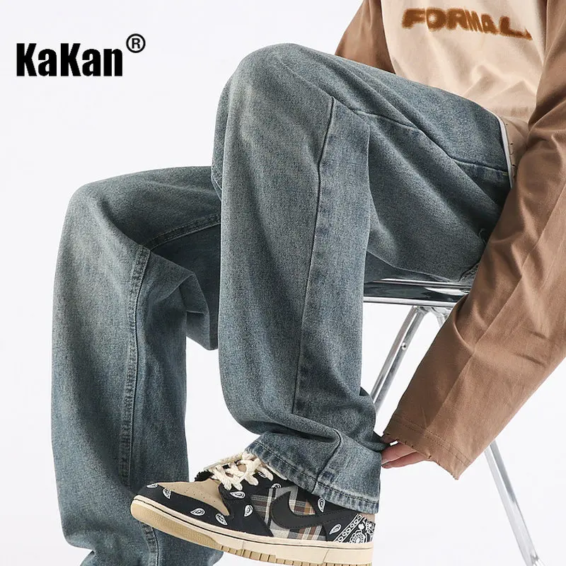 Kakan - Spring/Summer New High Street Straight Tube Loose Draping Jeans Men's Wear, Youth Washed Long Jeans K024-LQH106