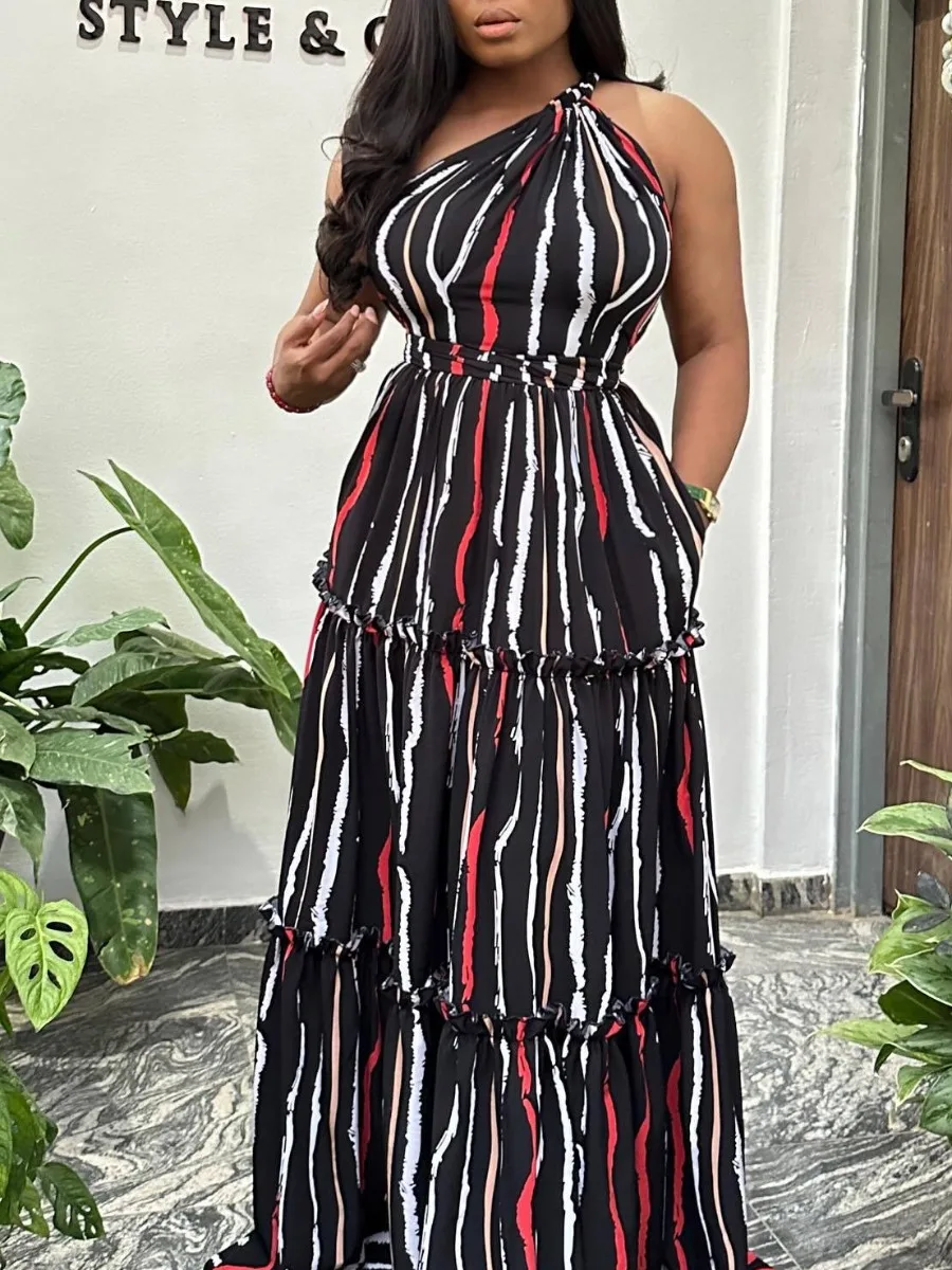 

LW SXY Plus Size One Shoulder Striped Ruffle Design A Line Dress 2024 Women Gradient Print Spaghetti Floor Length Maxi Dress