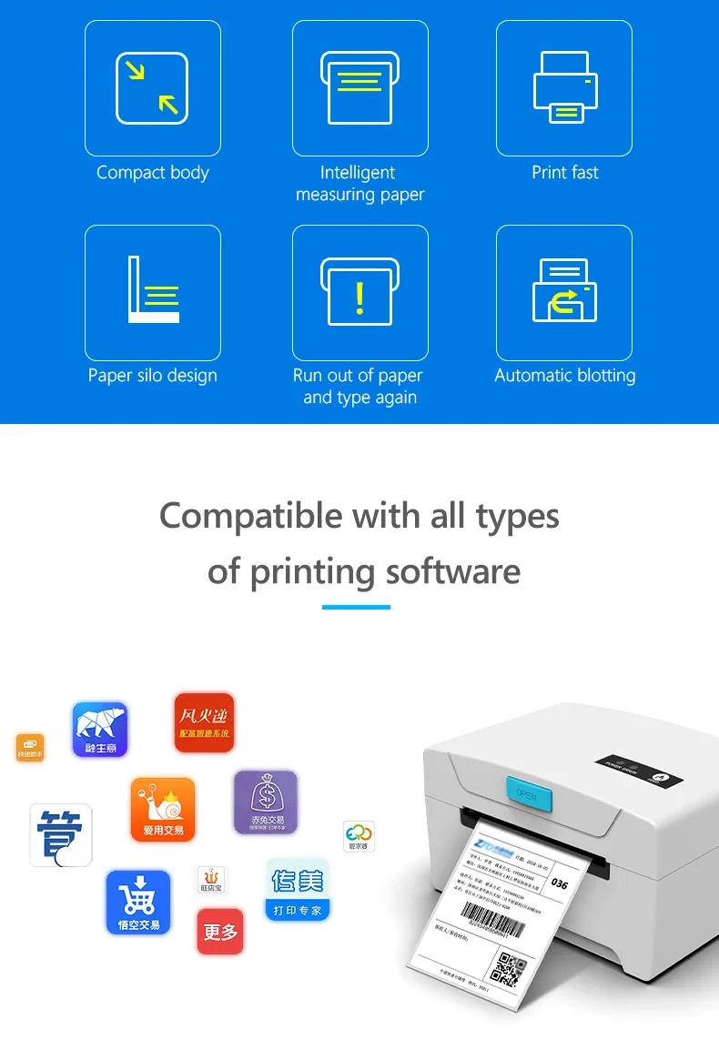 Printer Label Pengiriman Mini Thermal 80mm 3 Inci, Printer Stiker Bluetooth USB untuk Logistik, Printer Tanpa Tinta