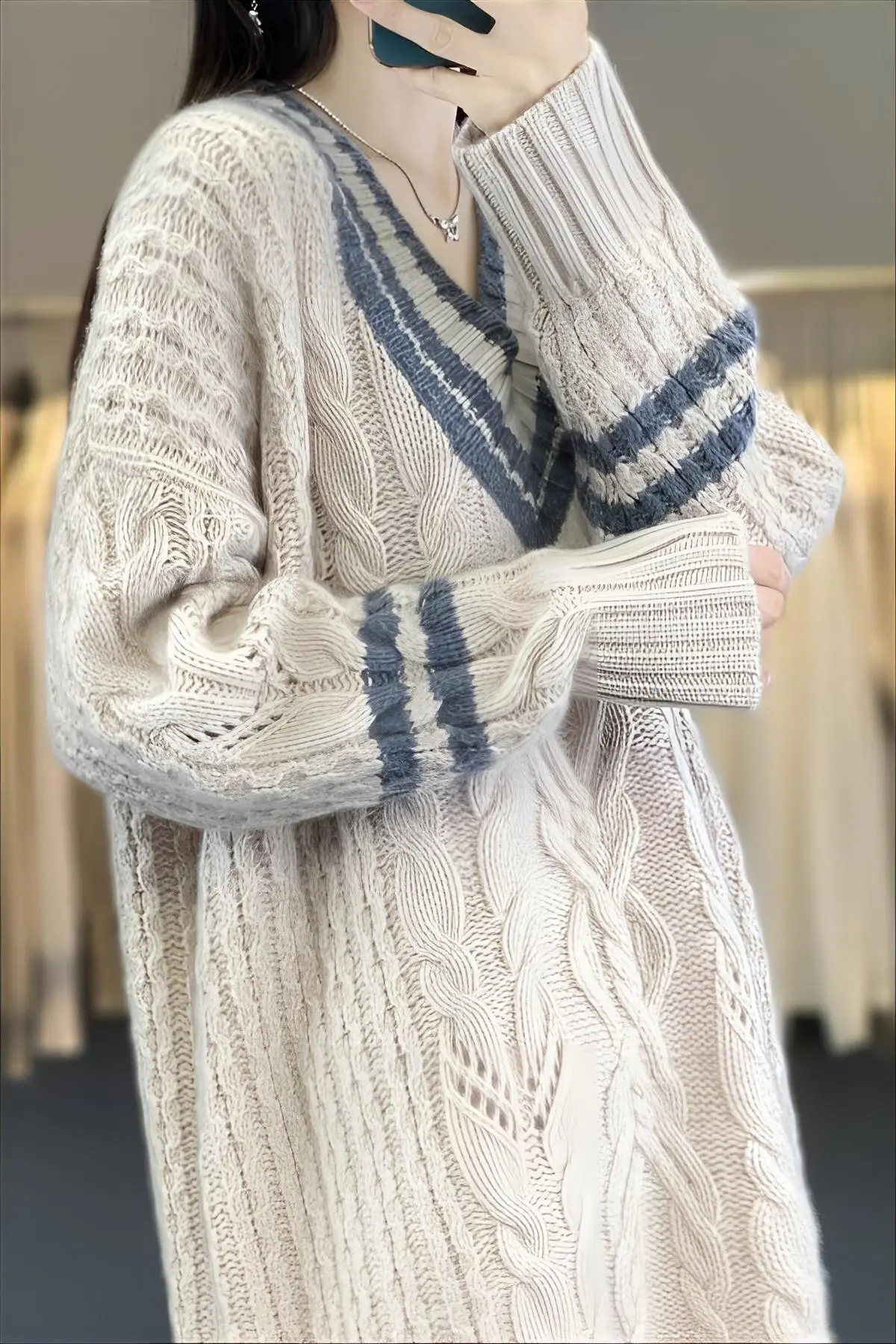 Knielengte truien voor dames truien truien dames basic tuniek veelzijdig woon-werkverkeer zus esthetische zoom raster bloemen zacht