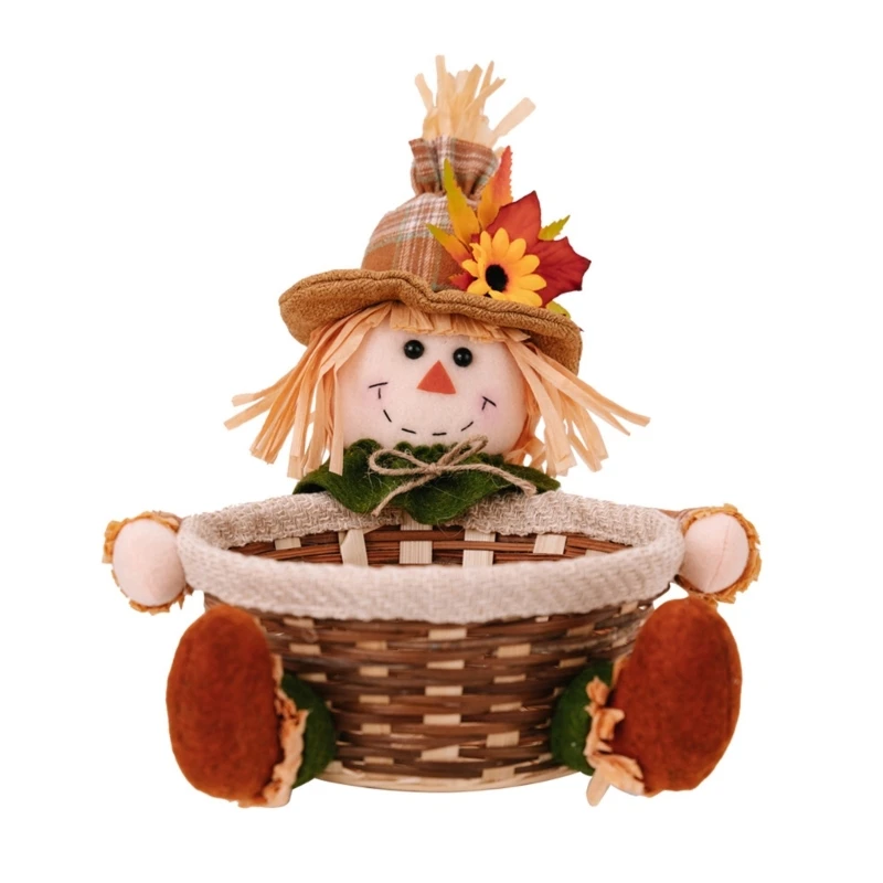 Decorative Scarecrow Candy Basket Fabric and Wickers Festives Candy Container Storage Organizers for Thanksgiving Treats