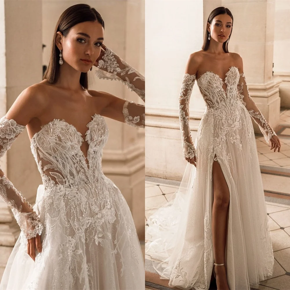 فستان زفاف من التول الأبيض مخصص بدون حمالات وأكمام قابلة للانفصال لحفلات الزفاف مثير بأربطة من الخلف رداء de mariée