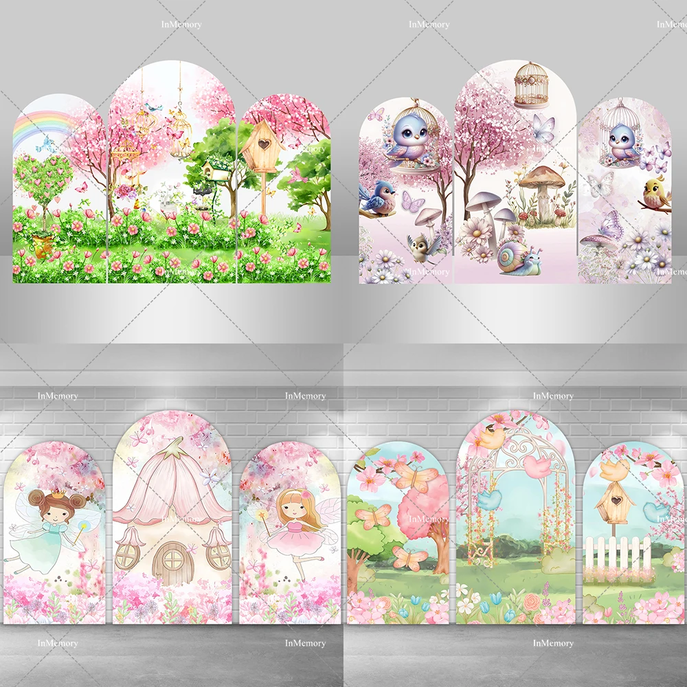 Spring Garden Butterfly Pink Flowers Tree Arch Backdrop Covers For Girls Newborn Baby Shower 1st Birthday Party Photo Background