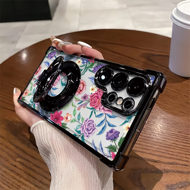 

Shockproof Soft Phone Case For Samsung Galaxy A54 A34 A23 4G A13 A24 A14 A73 A53 A33 5G Plating Stand Holder Flower Print Cover