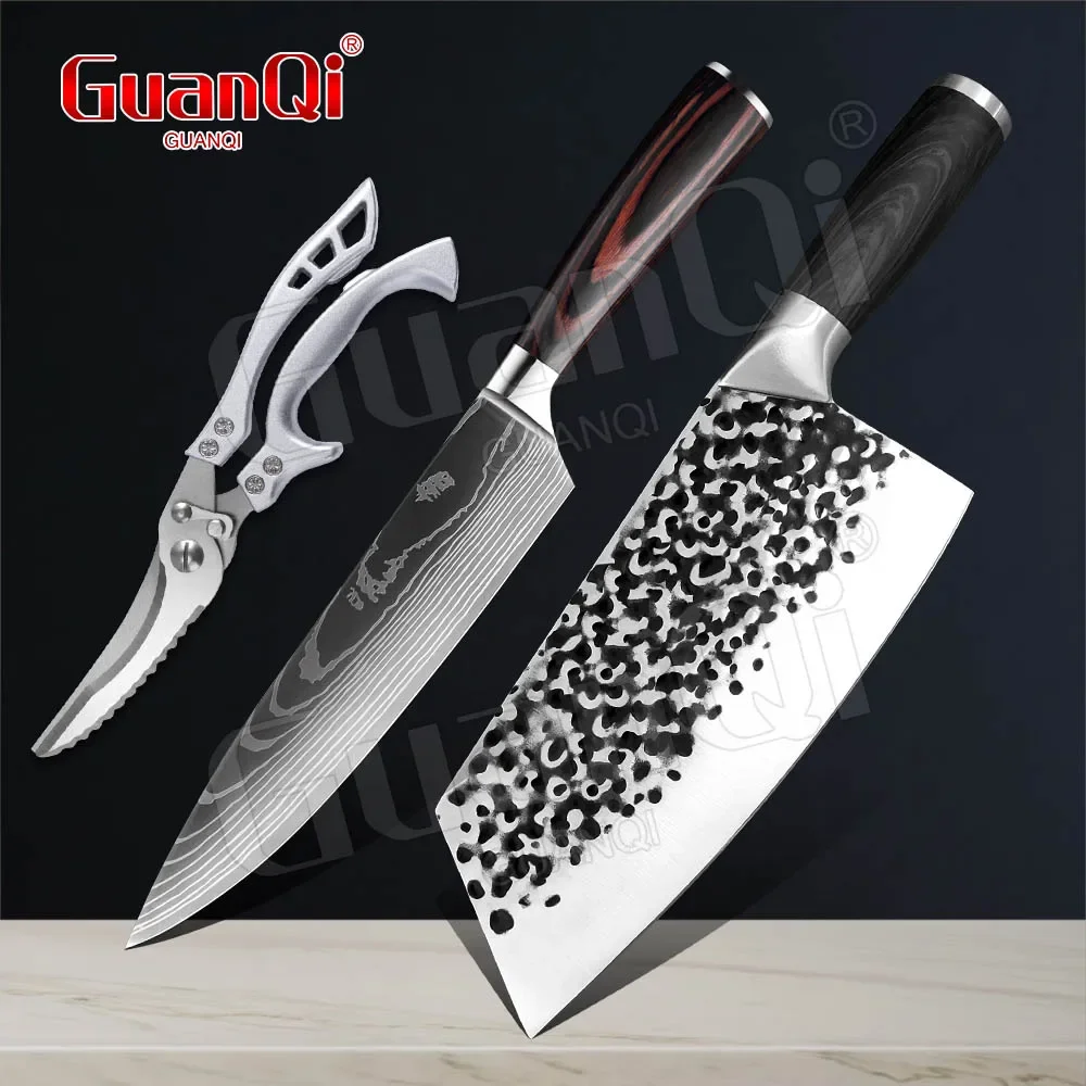 Cuchillos de cocina de acero inoxidable, cuchillo de Chef de acero damasco, navaja afilada para cortar carne, tijeras de cocina para huesos de pollo