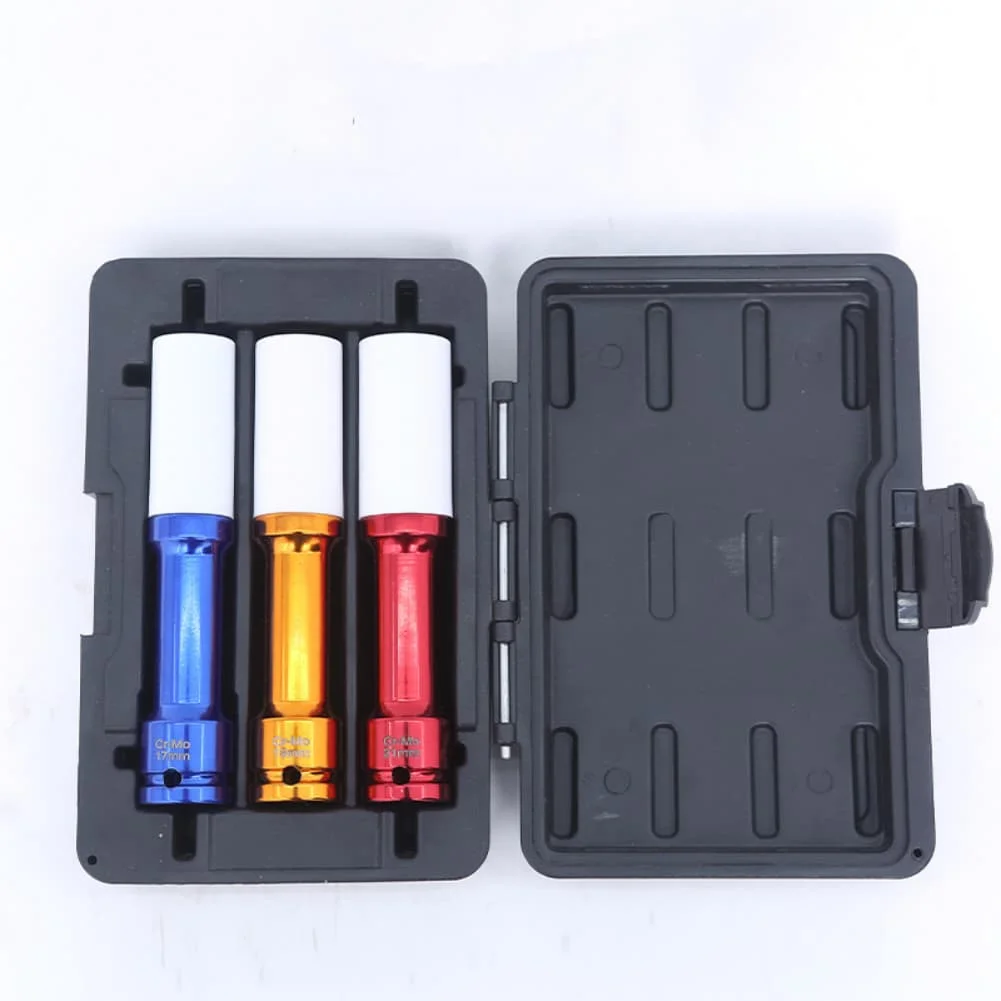 3-Piece 1/2 Drive Lug Nut Socket Set Designed with Removable Sleeves and Color Coding for Quick Size Identification