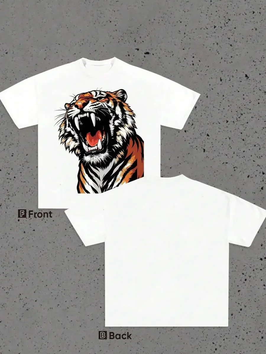 2026 New Women Roaring Tiger Head Graphic T Shirt Fierce Big Cat Illustration Print Crewneck Loose Casual Short Sleeve Tops